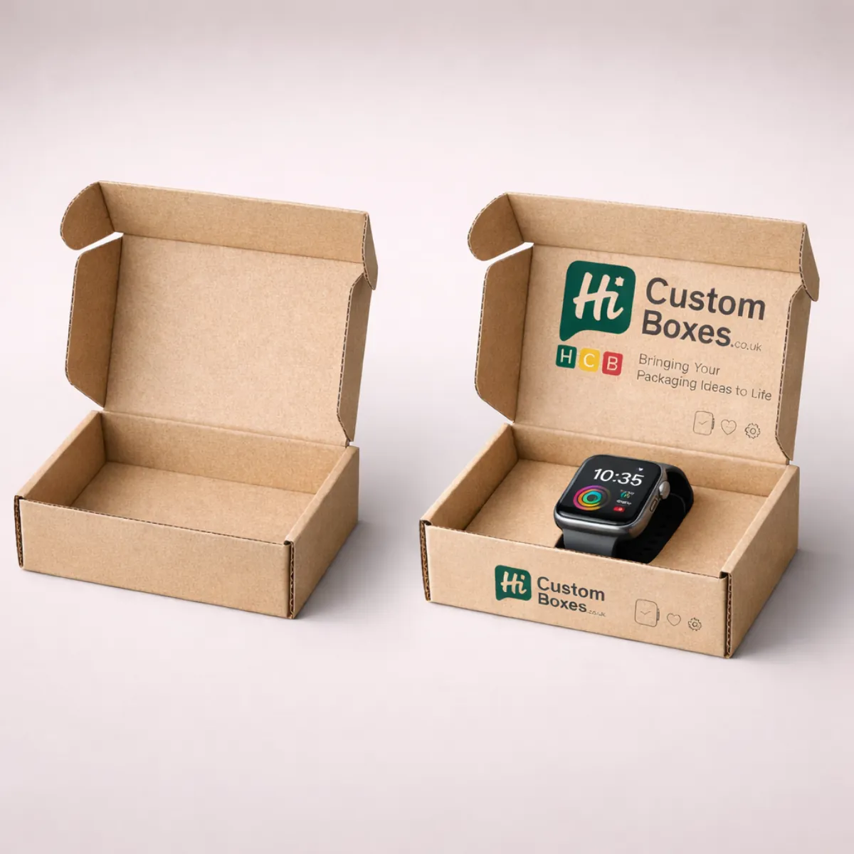 Two open brown kraft paper mailer boxes, one featuring the Hi Custom Boxes logo and smartwatch. class=
